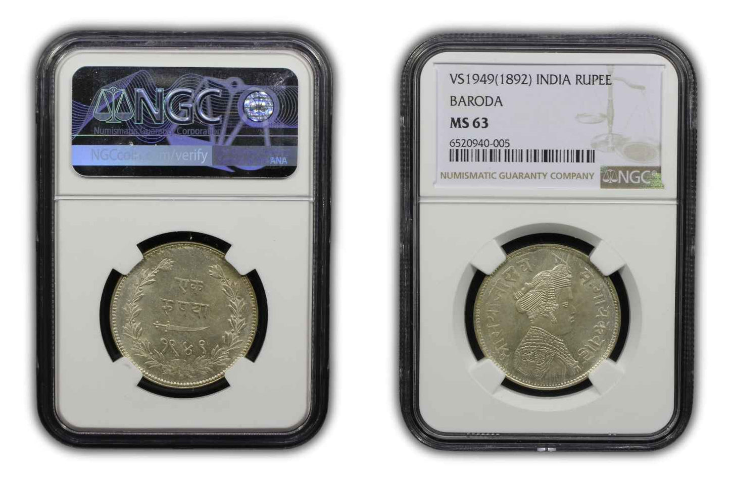 India VS1949 (1892) Baroda Rupee Coin NGC MS63