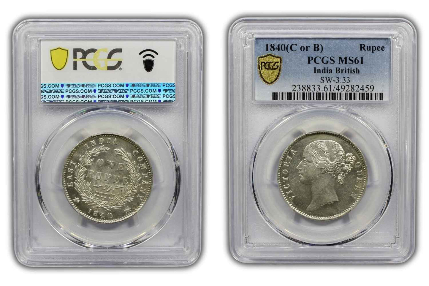1840 India (C or B) Silver Rupee Coin PCGS MS 61