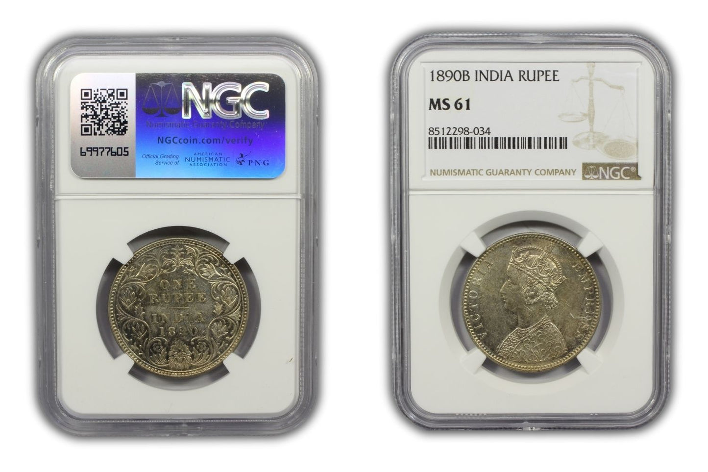 1890 B British India Silver Rupee Coin NGC MS61