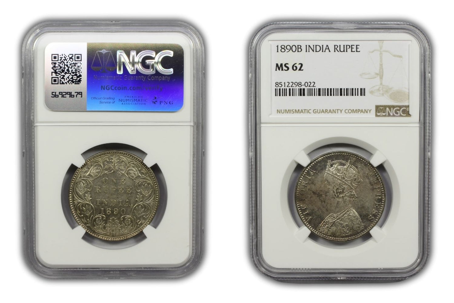 1890 B British India Silver Rupee Coin NGC MS62