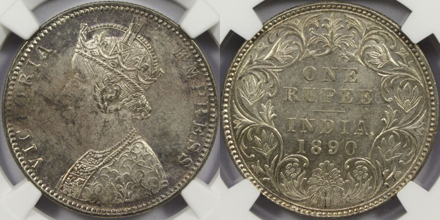 1890 B British India Silver Rupee Coin NGC MS62