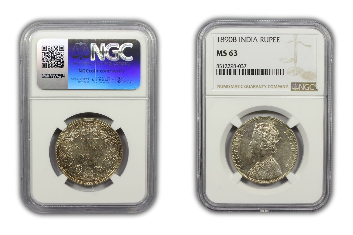 1890 B British India Silver Rupee Coin NGC MS63