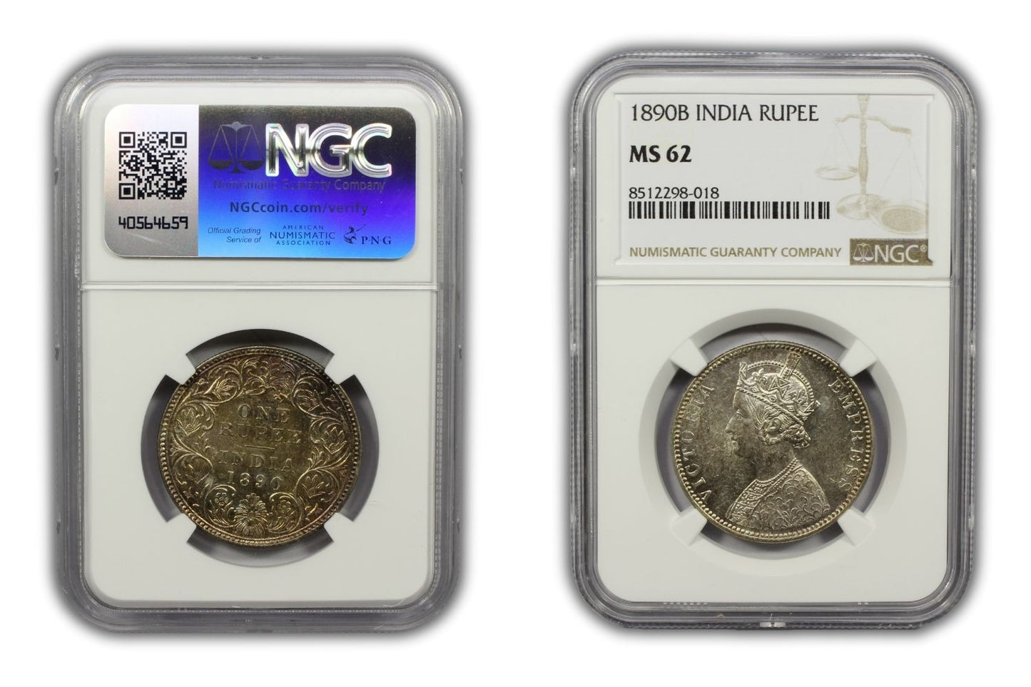1890 B British India Silver Rupee Coin NGC MS62