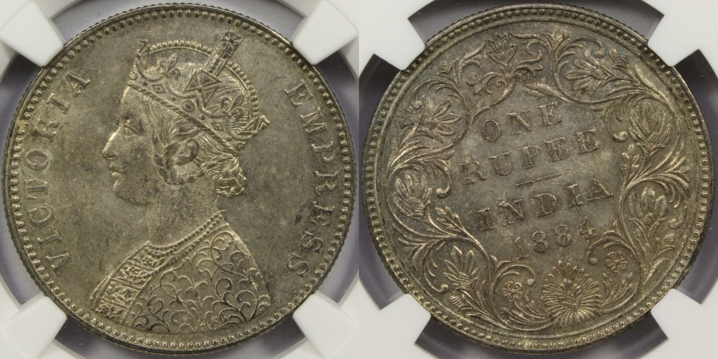 1884 B British India Silver Rupee Coin NGC MS63