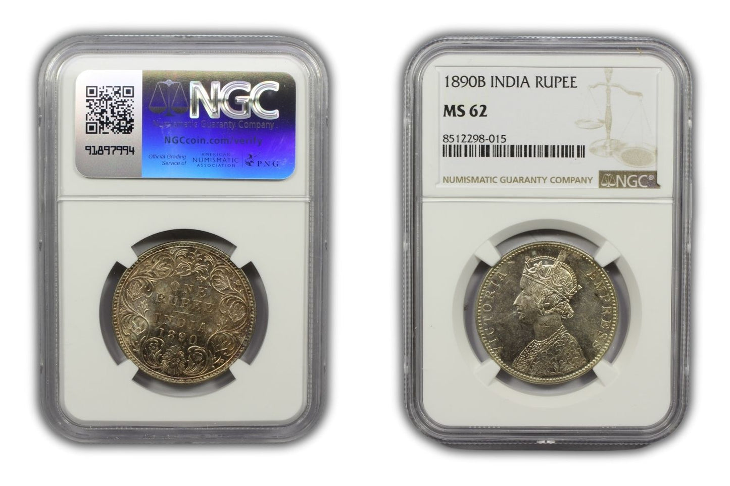 1890 B British India Silver Rupee Coin NGC MS62