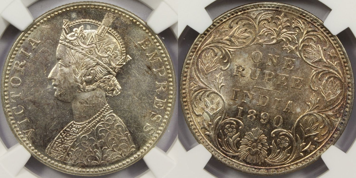 1890 B British India Silver Rupee Coin NGC MS62