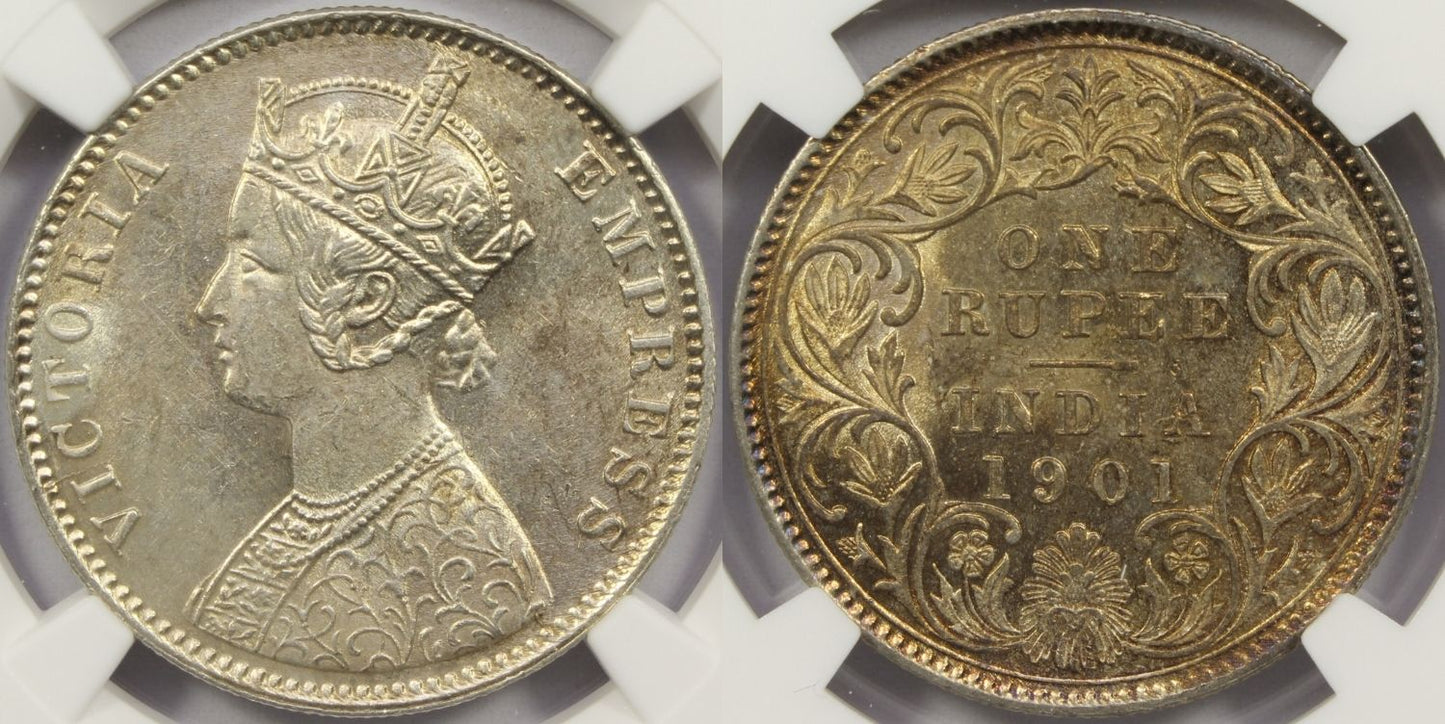 1901 C British India Silver Rupee Coin NGC MS63