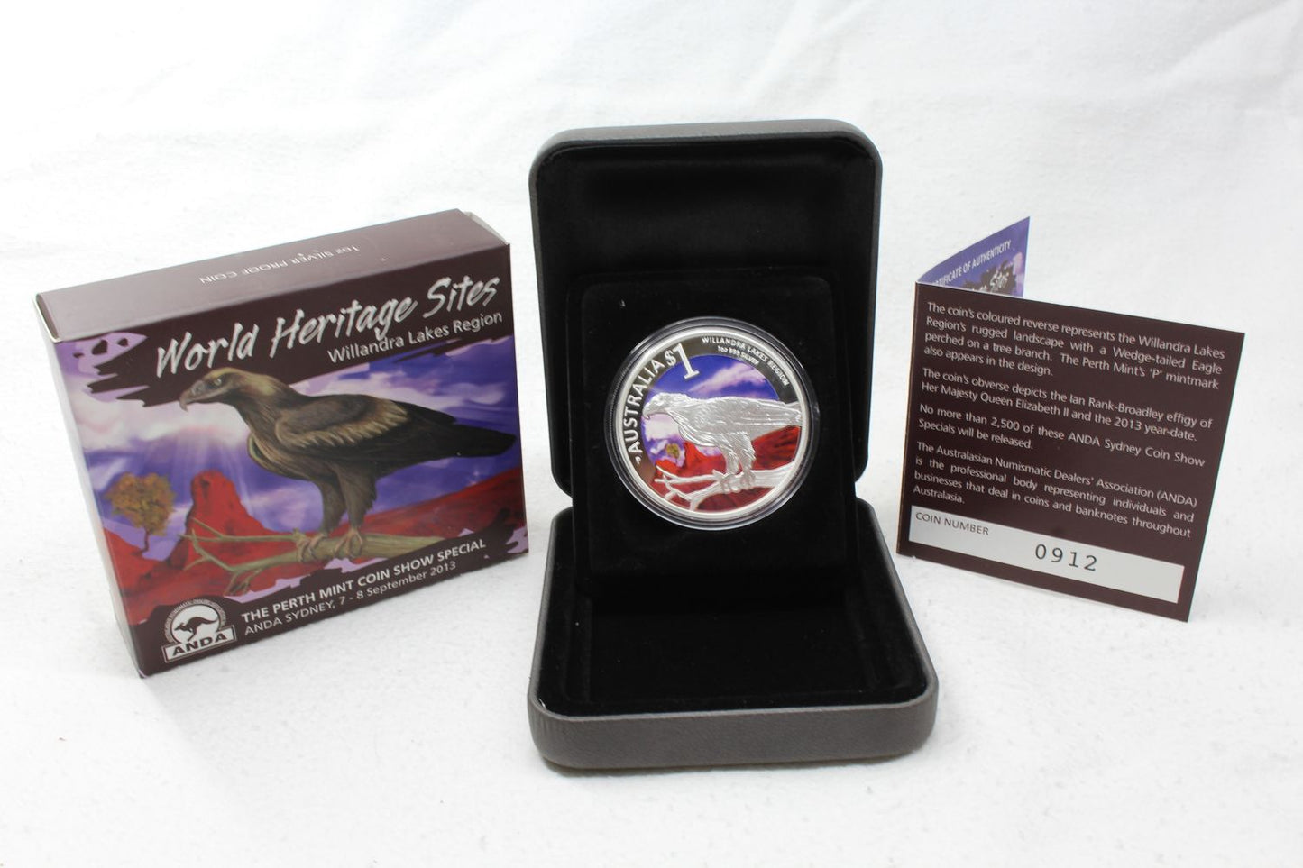 2013 Australia Silver 1 Oz $1 Proof Coin Sydney ANDA Show Willandra Lakes Eagle