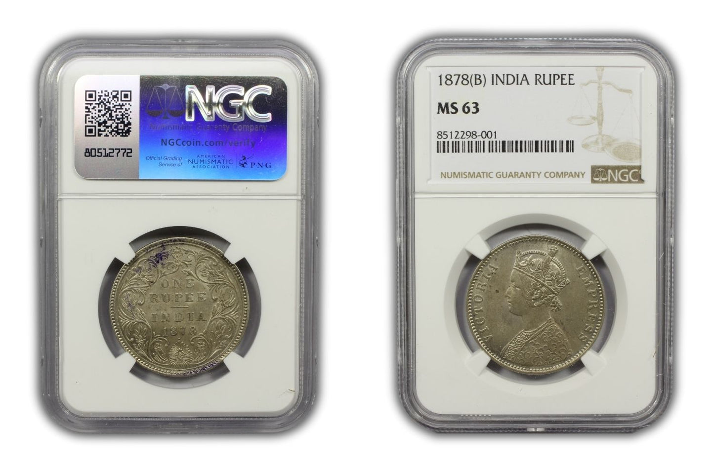 1878 B British India Silver Rupee Coin NGC MS63