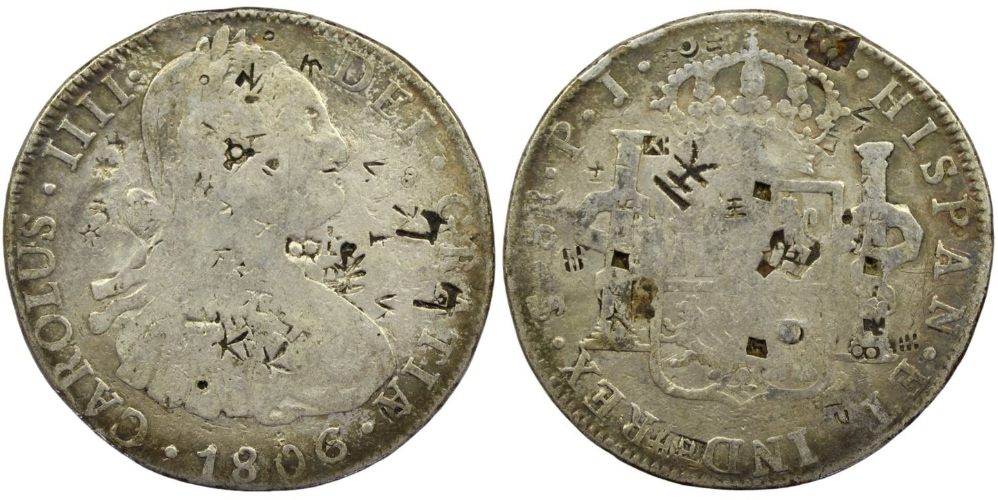 1806 Spanish Empire Bolivia Silver 8 Reales Carolus IIII Coin Chopmarks