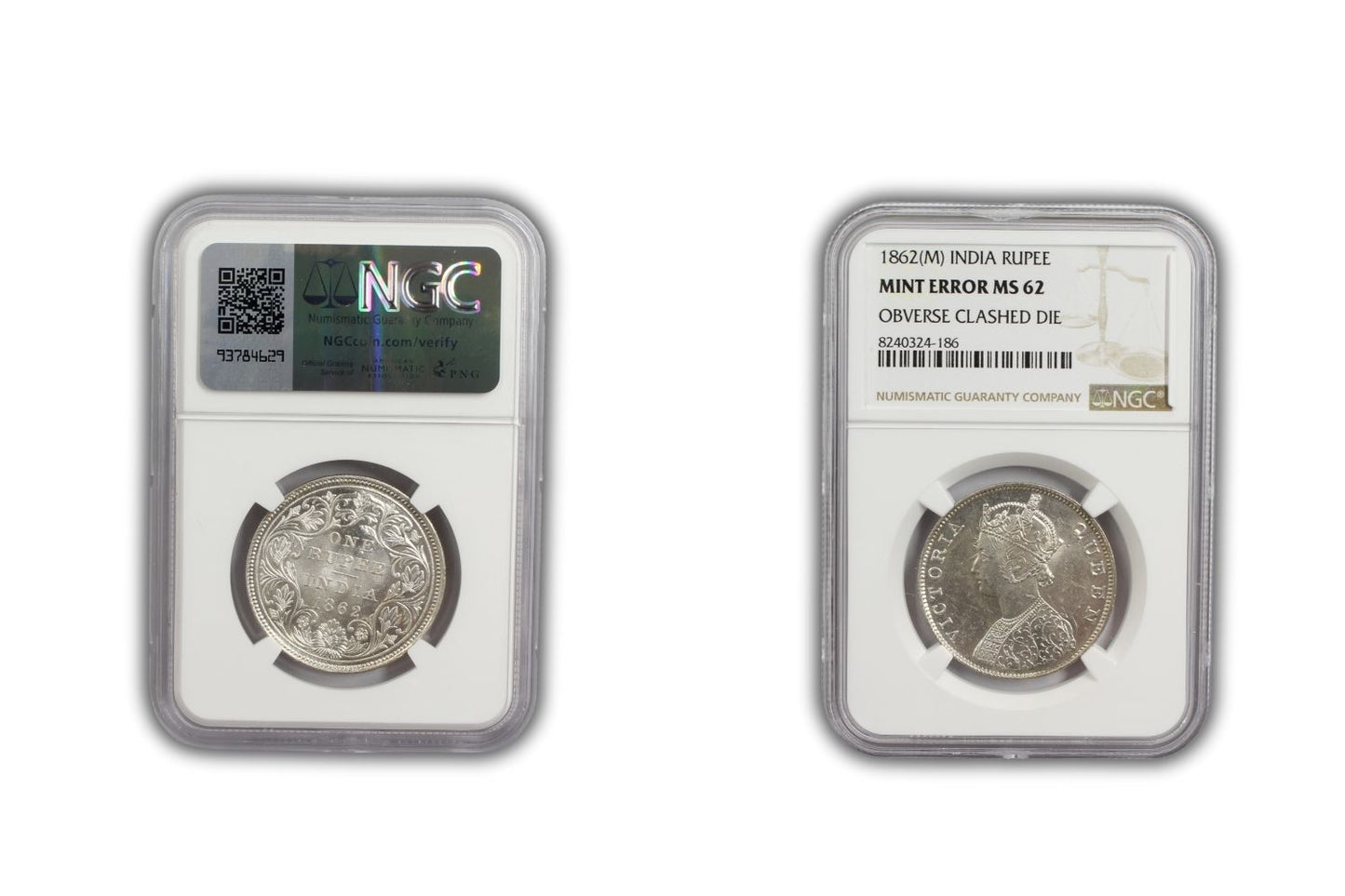 1862 M British India Rupee MINT ERROR Coin NGC MS62