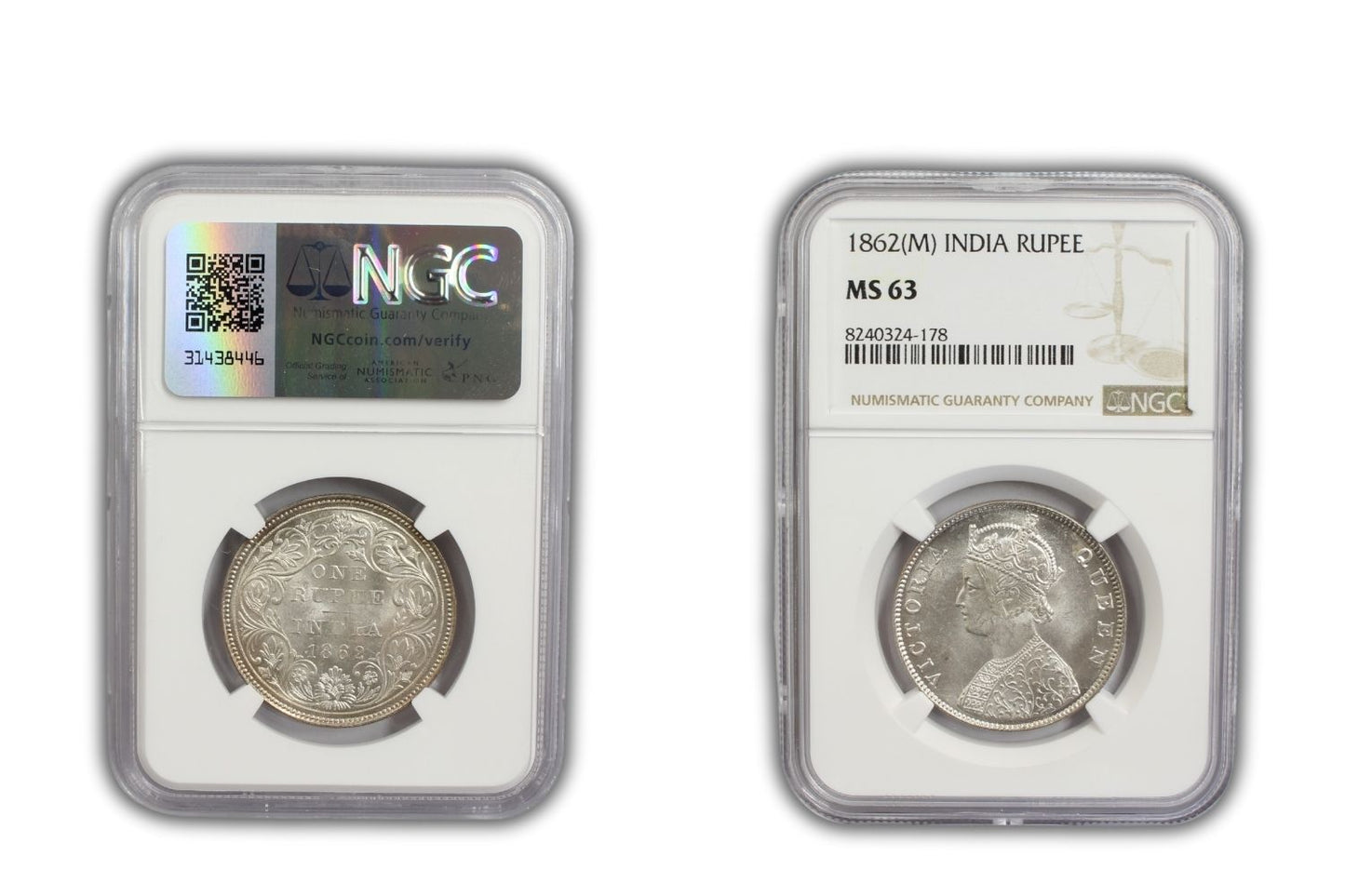 1862 M British India Rupee Coin PCGS MS63