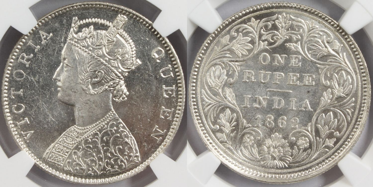 1862 M British India Rupee MINT ERROR Coin NGC MS62