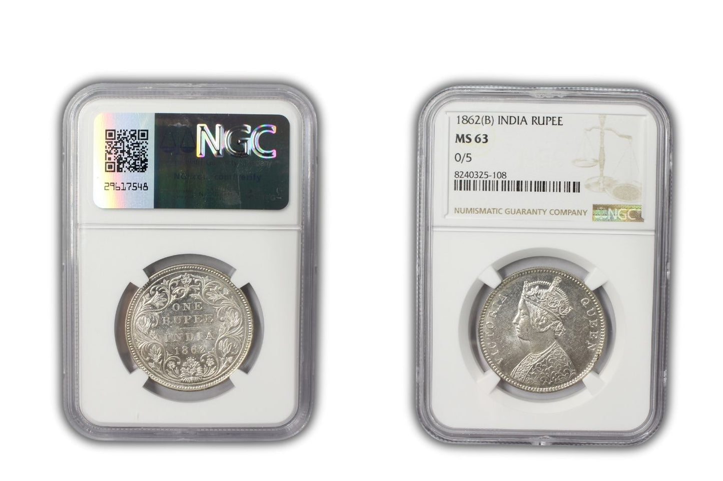 1862 B British India Rupee Coin NGC MS63 Variety 0/5