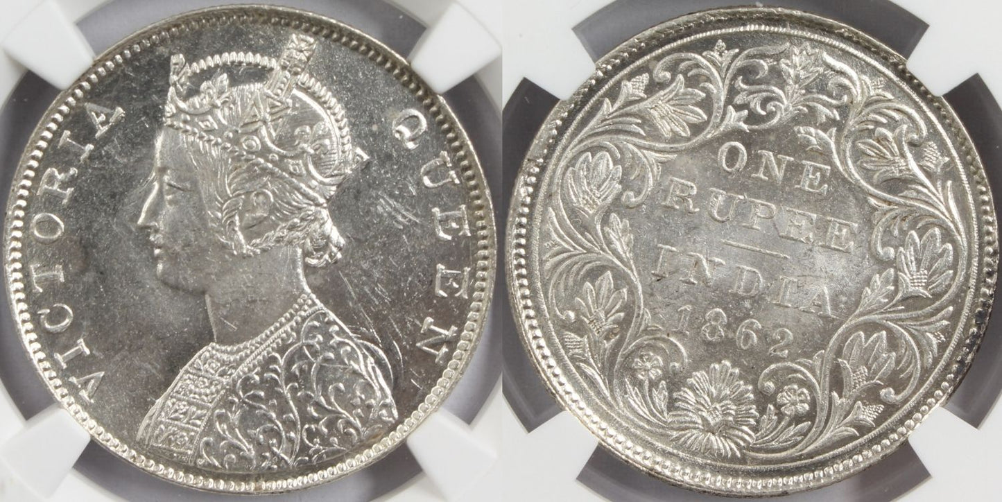 1862 M British India Rupee MINT ERROR Coin NGC MS62
