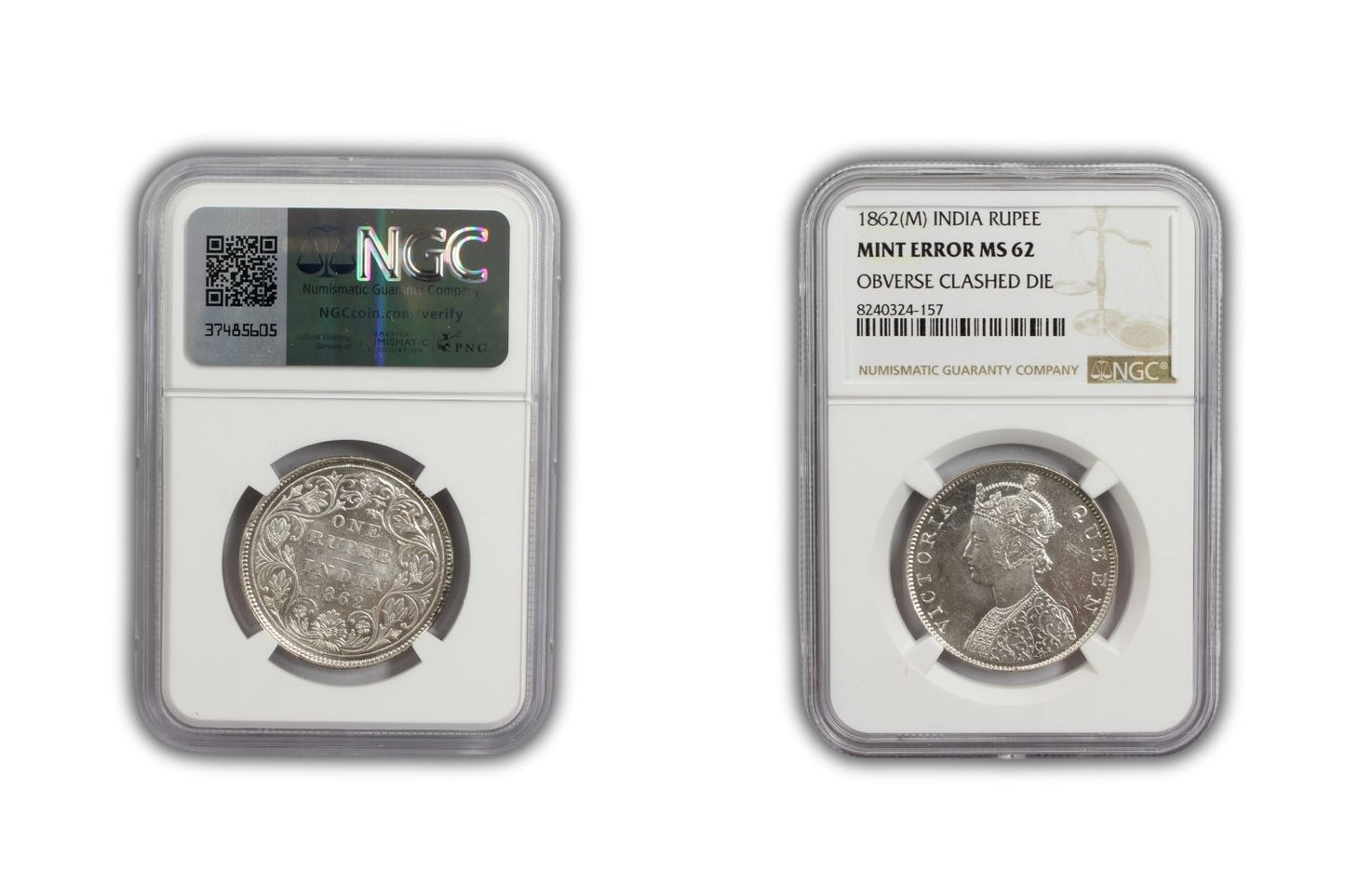 1862 M British India Rupee MINT ERROR Coin NGC MS62