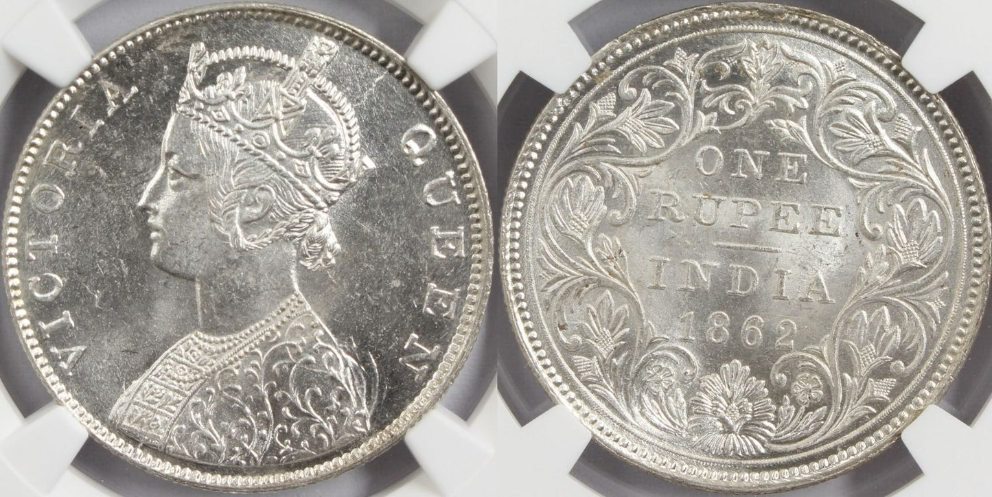 1862 M British India Rupee MINT ERROR Coin NGC MS62