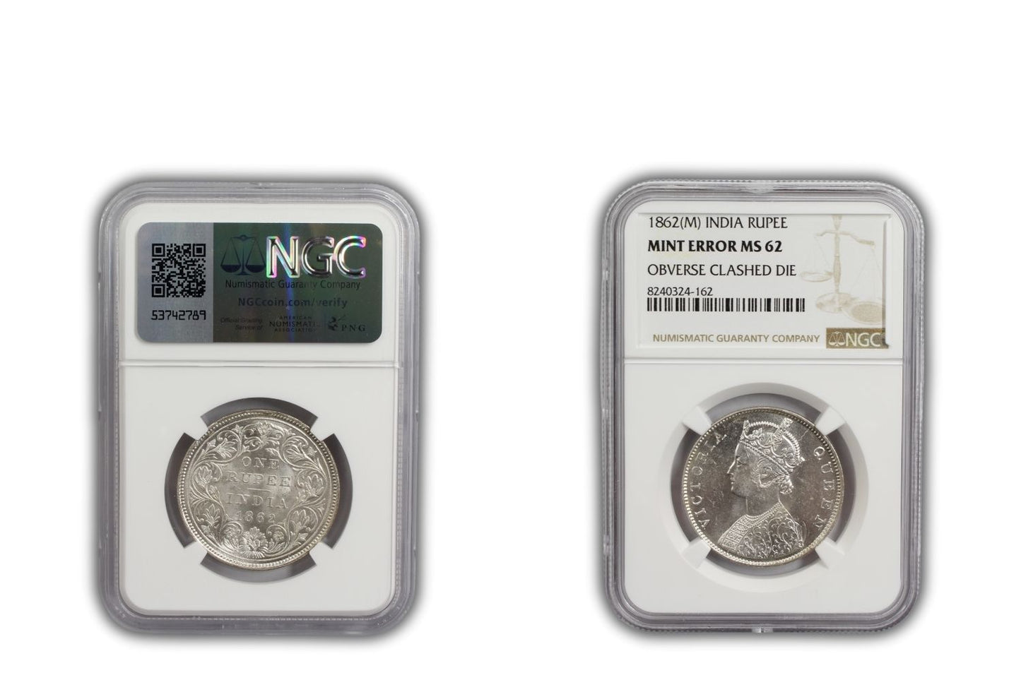 1862 M British India Rupee MINT ERROR Coin NGC MS62