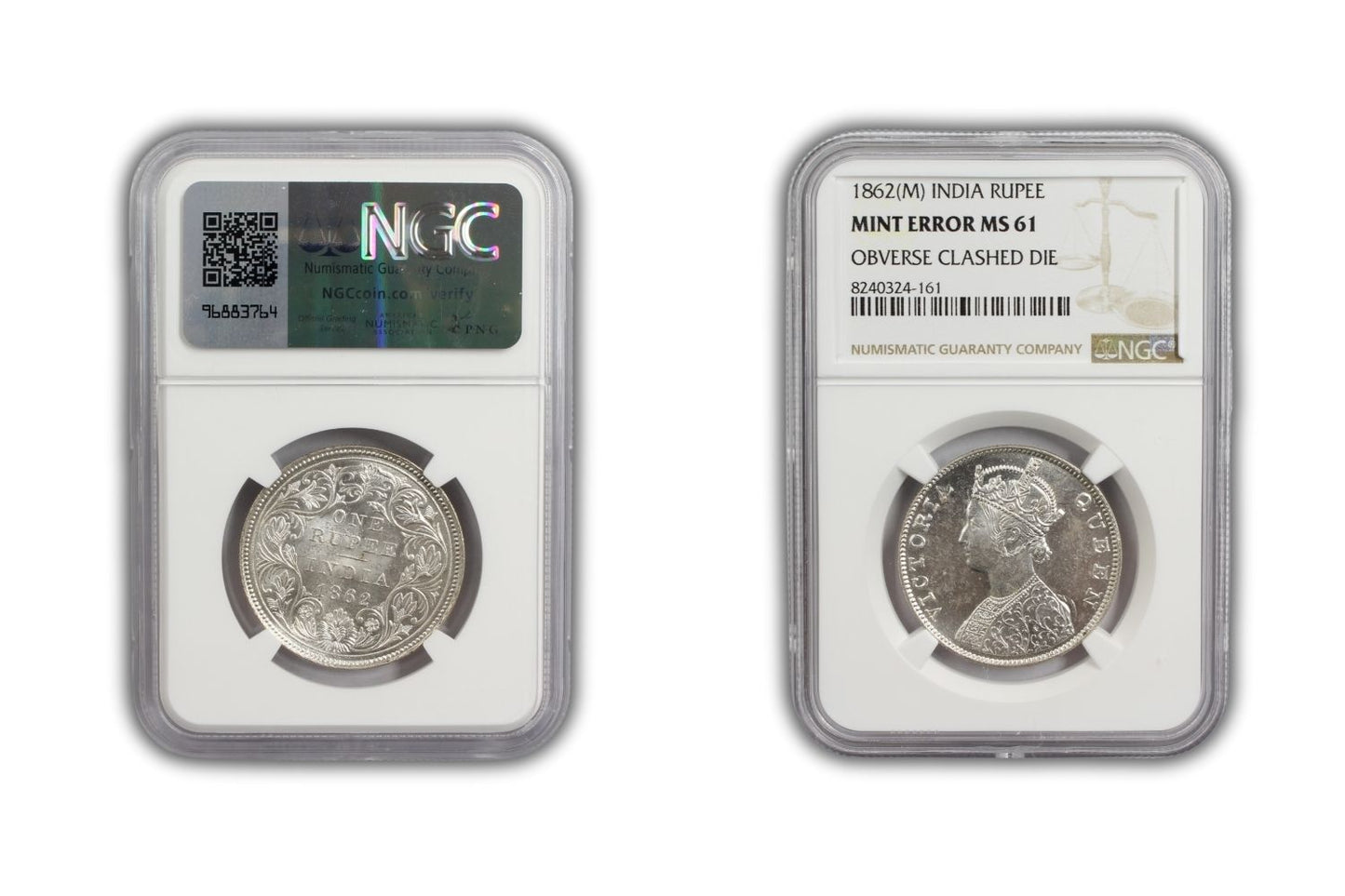 1862 M British India Rupee MINT ERROR Coin NGC MS61