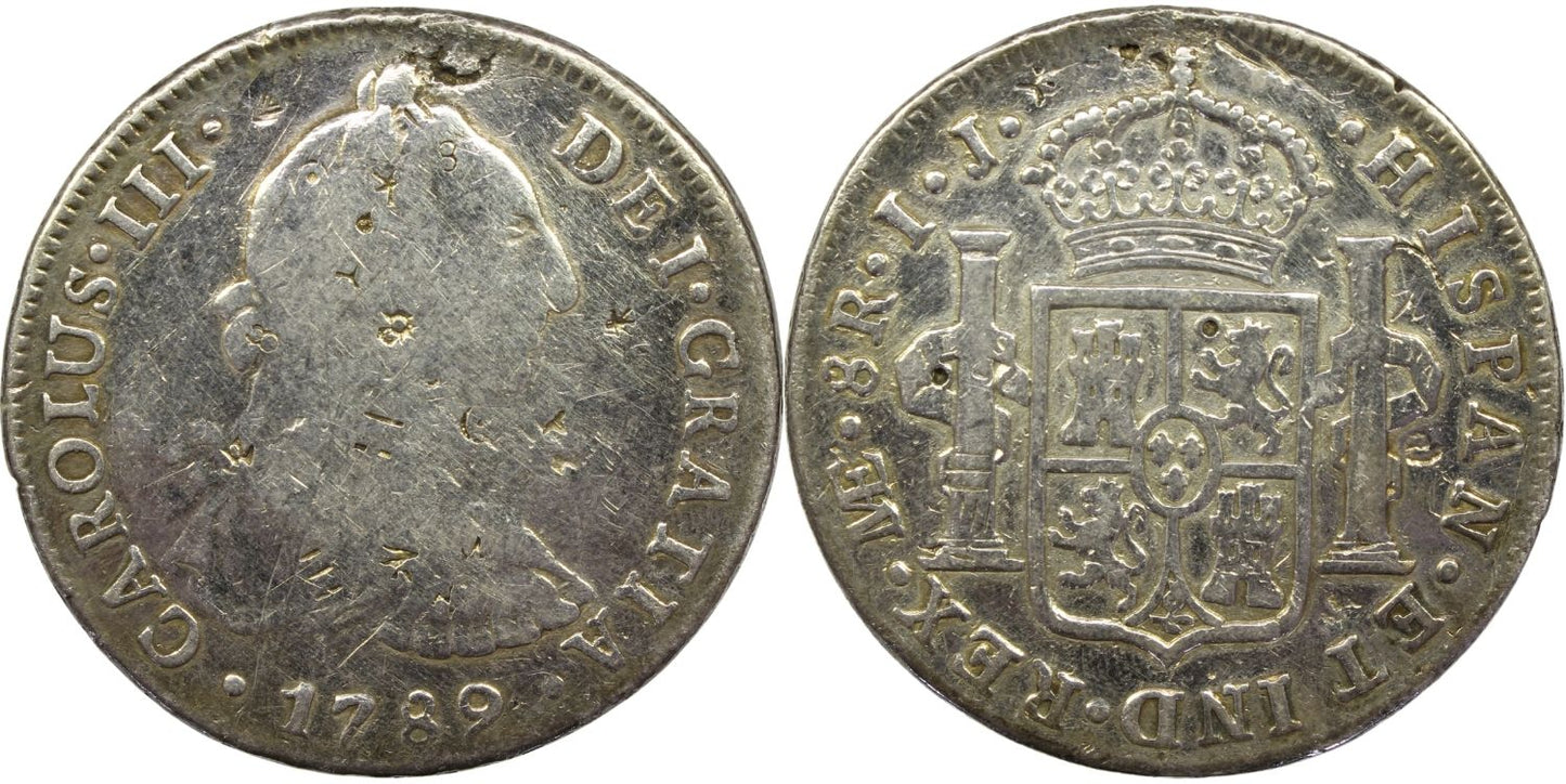 1789 Spanish Empire Peru Silver 8 Reales Carolus III Coin Chopmarks