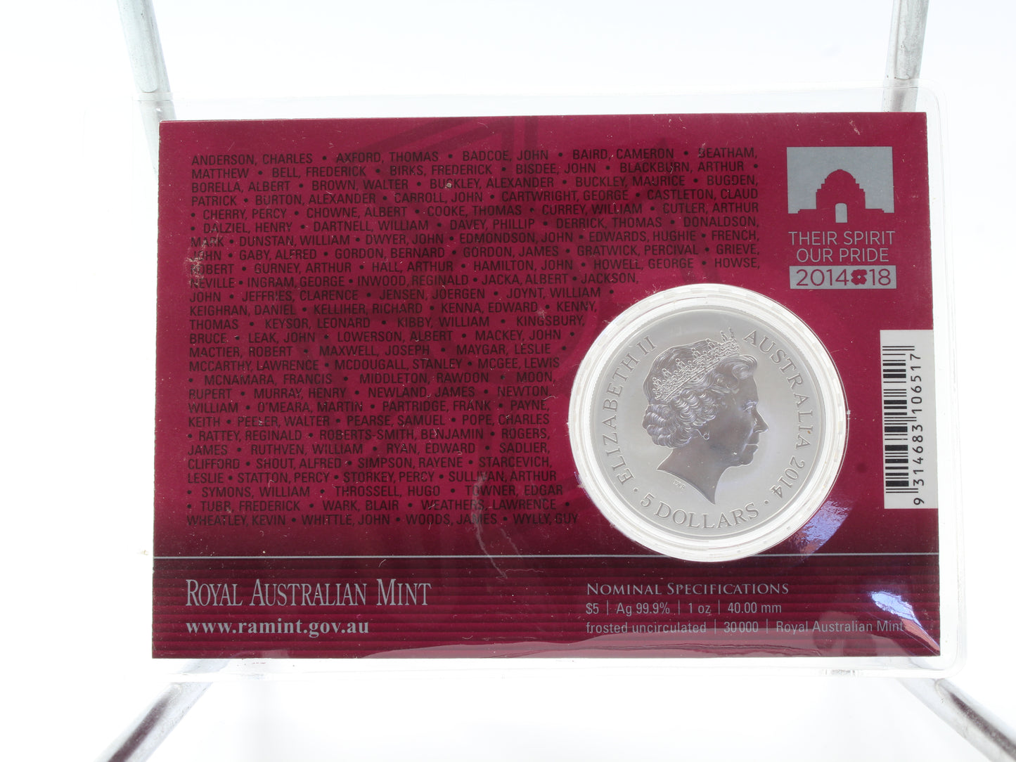 2014 $5 For Valour The Victoria Cross for Australia 1oz Silver Coin on Card