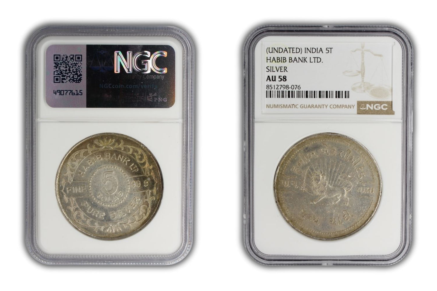 India 5 Tolas Silver .999 Habib Bank Large Vintage Bullion Round NGC AU58