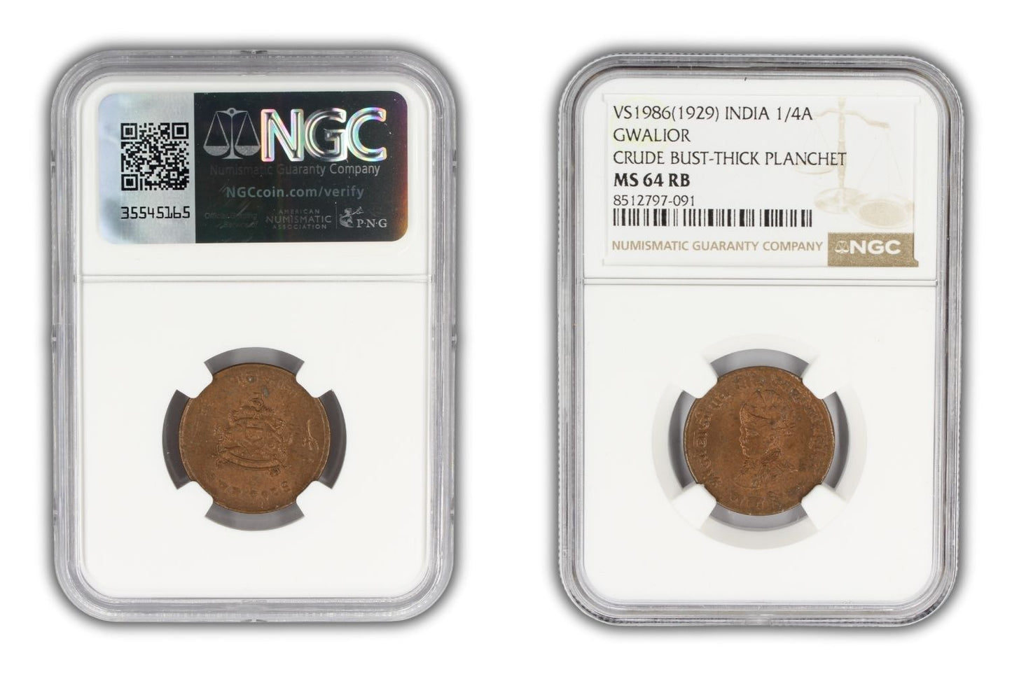 1929 India Gwalior Princely State 1/4 Anna Coin NGC MS64 RB