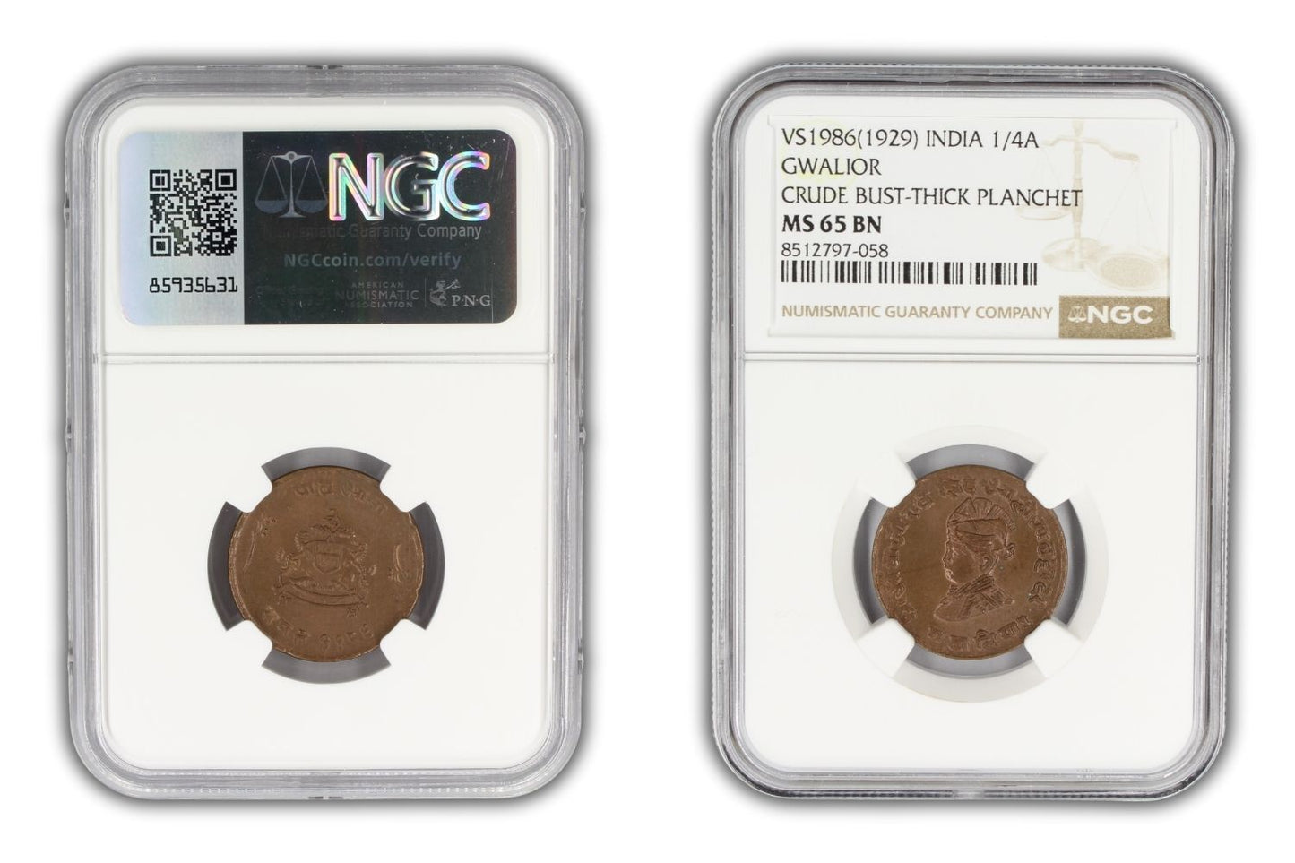1929 India Gwalior Princely State 1/4 Anna Coin NGC MS65 BN