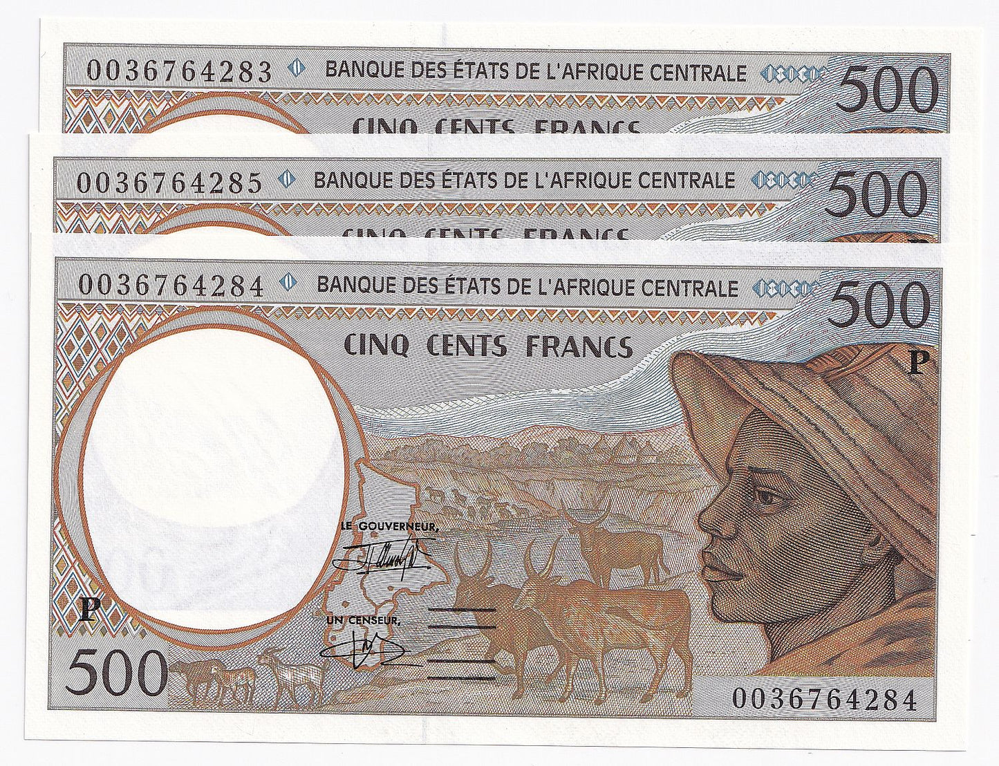 2000 Central Africa States 500 Chad Francs Note P606C-UNC x 3