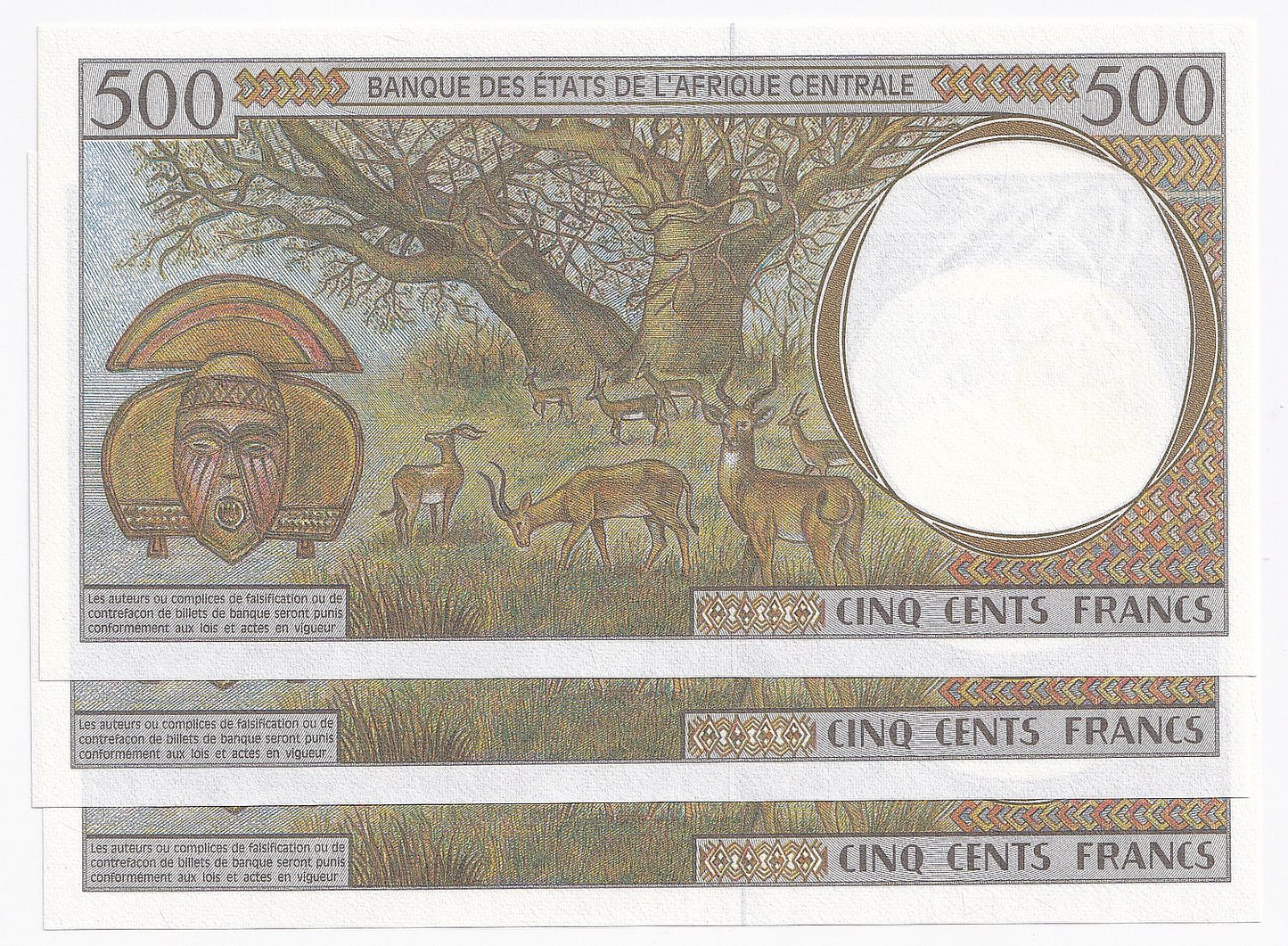2000 Central Africa States 500 Chad Francs Note P606C-UNC x 3