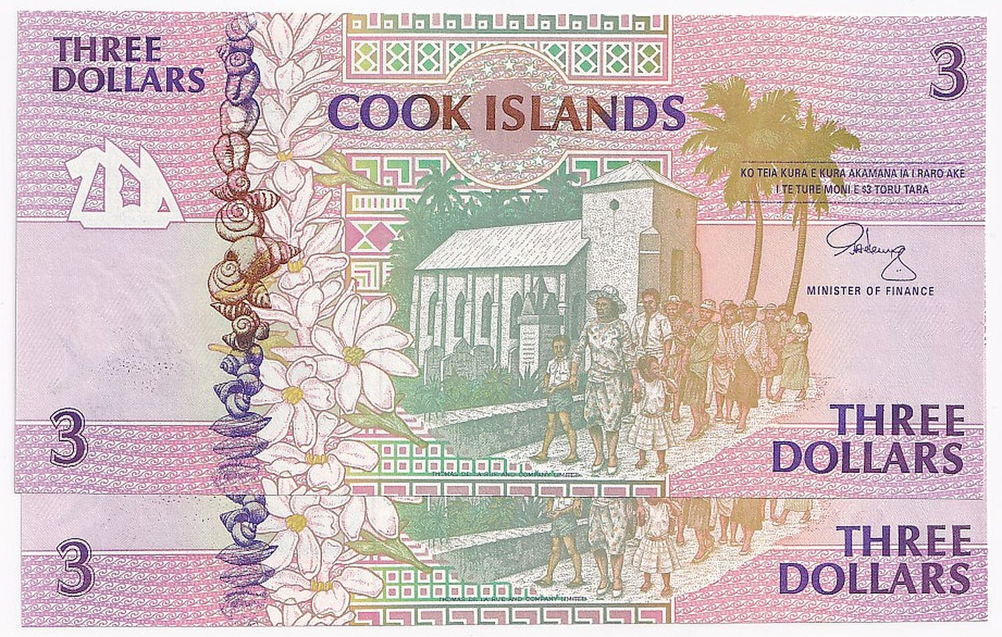 1992 Cook Islands $3 Note P7A-UNC X 2