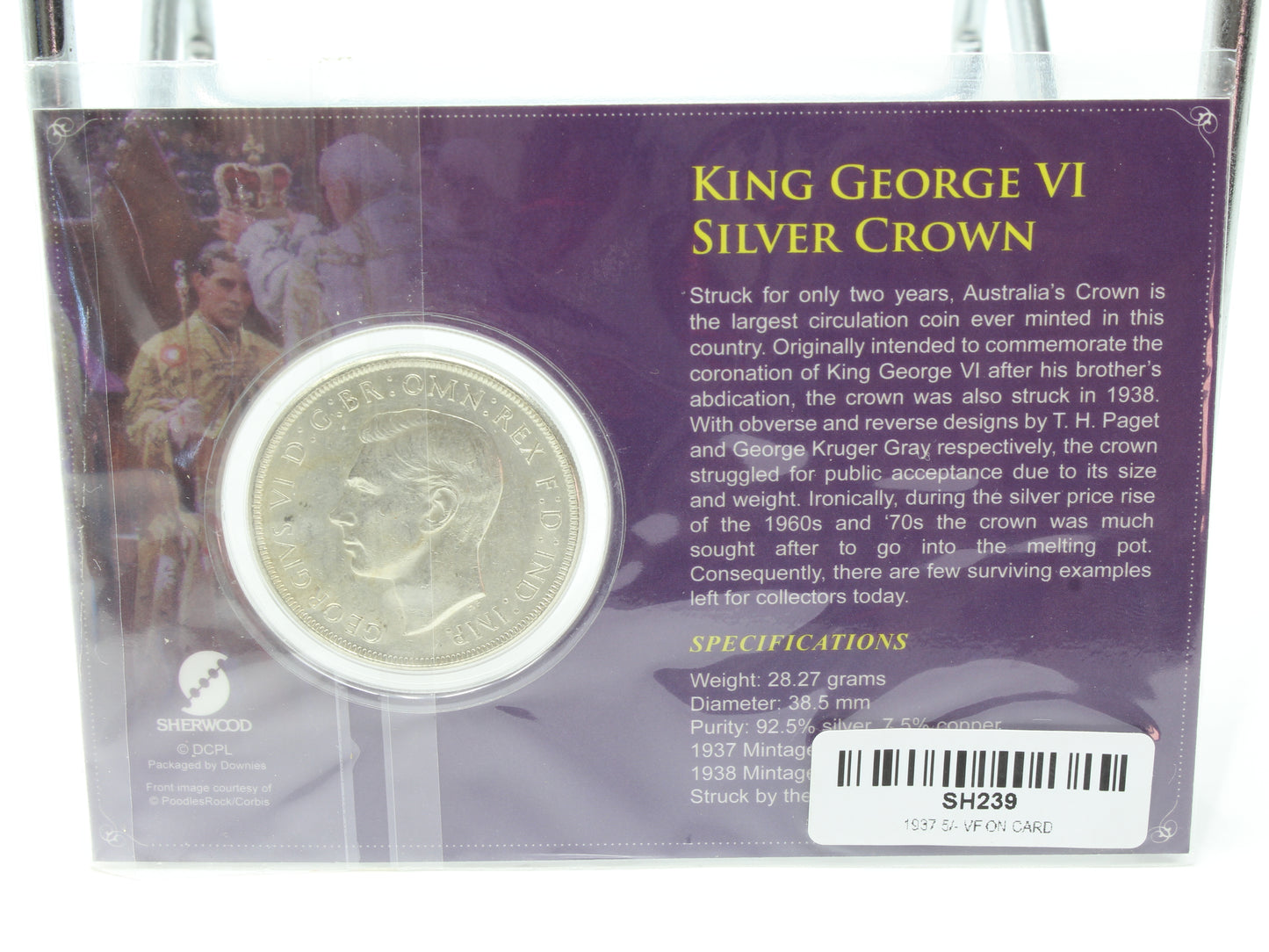 1937 Australia King George VI Silver Crown VF On Card