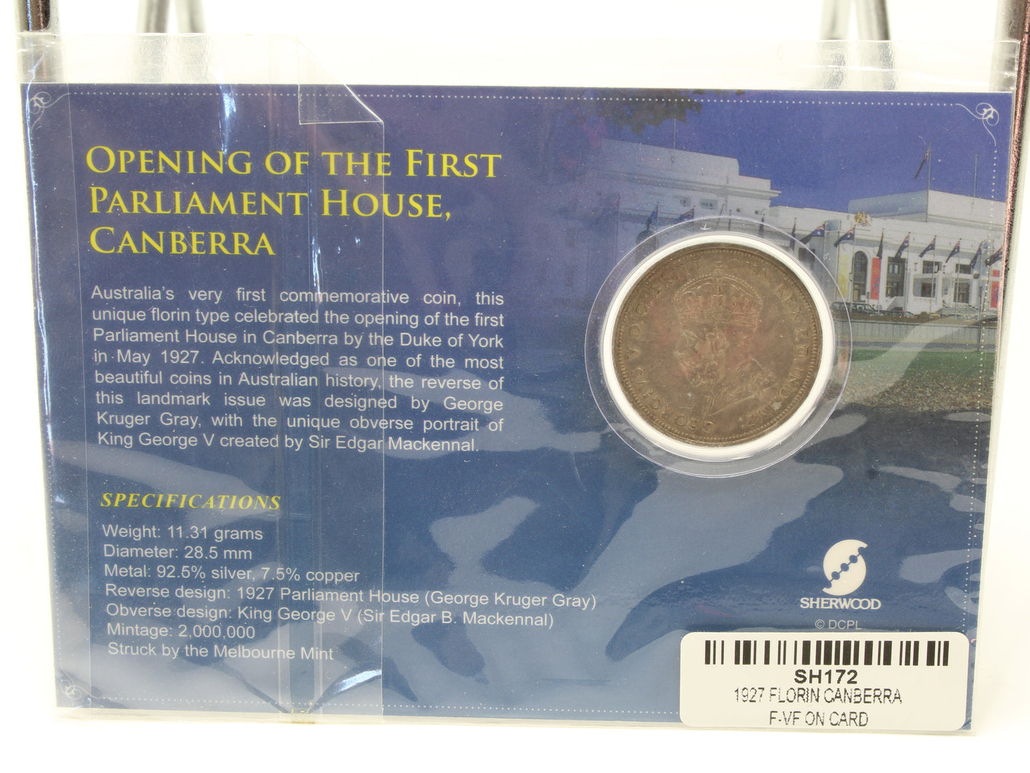 1927 Opening of The First Parliament House Canberra 1 Florin F-VF On Card