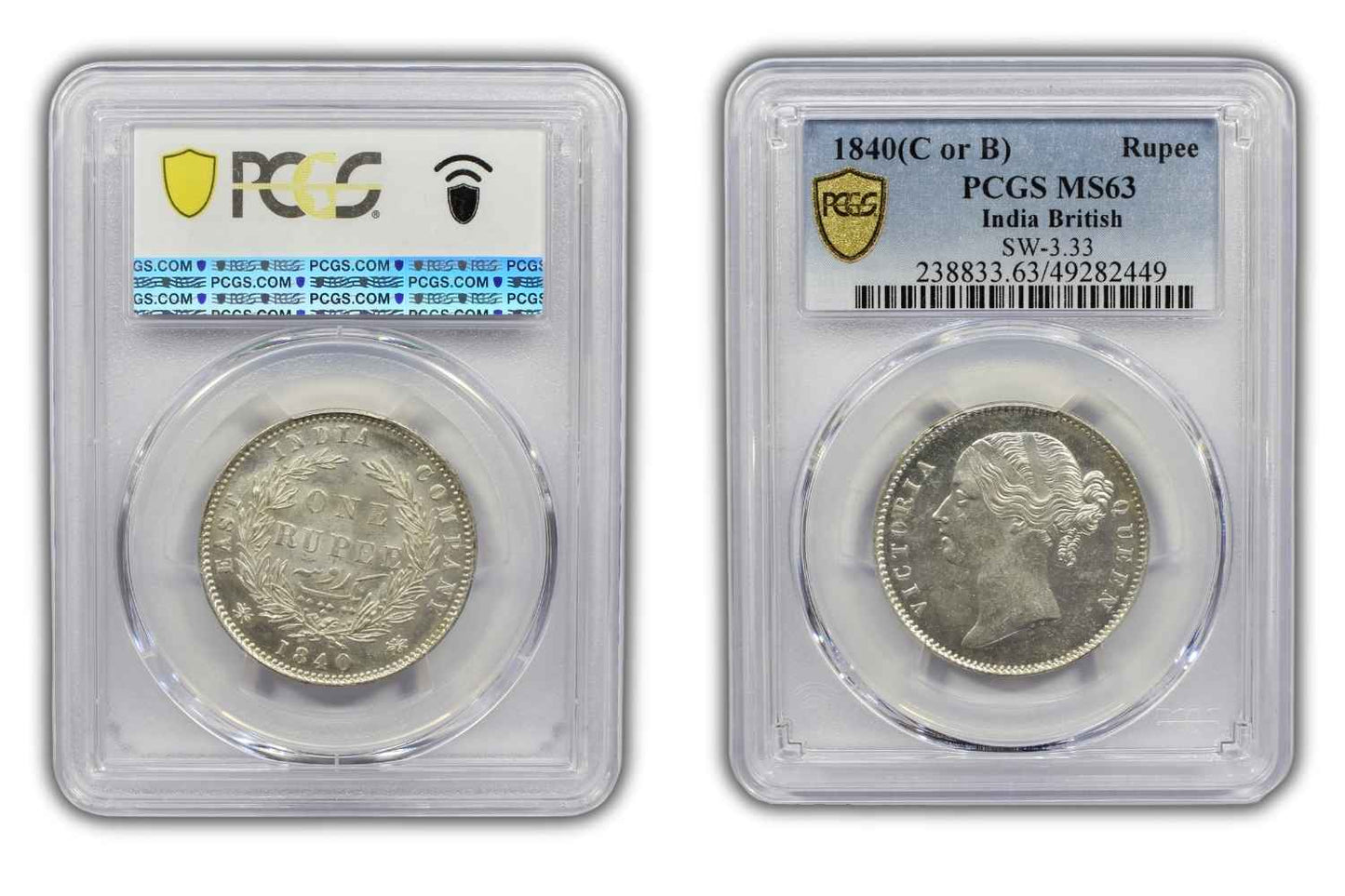 1840 India (C or B) Silver Rupee Coin PCGS MS 63