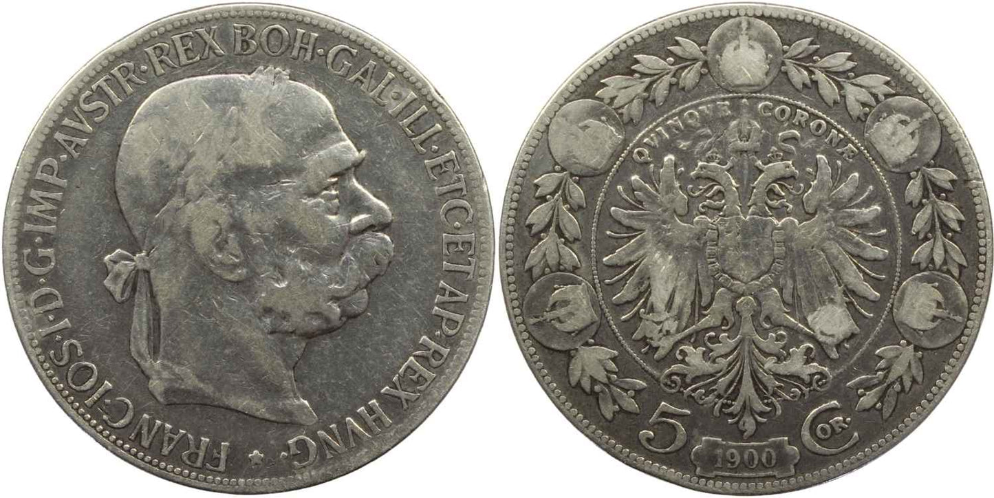 1900 Austria Silver 5 Corona Coin gF - aVF Details