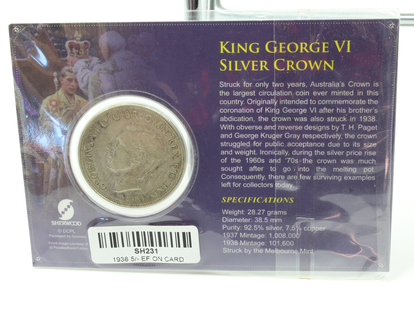 1938 Australia King George VI Silver Crown Coin EF On Card