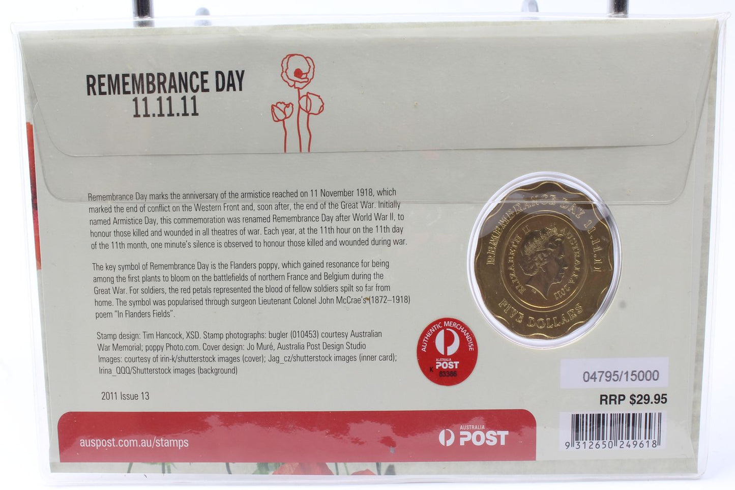 2011 Australia $5 Remembrance Day 11.11.11 Red Poppy Coloured Coin PNC