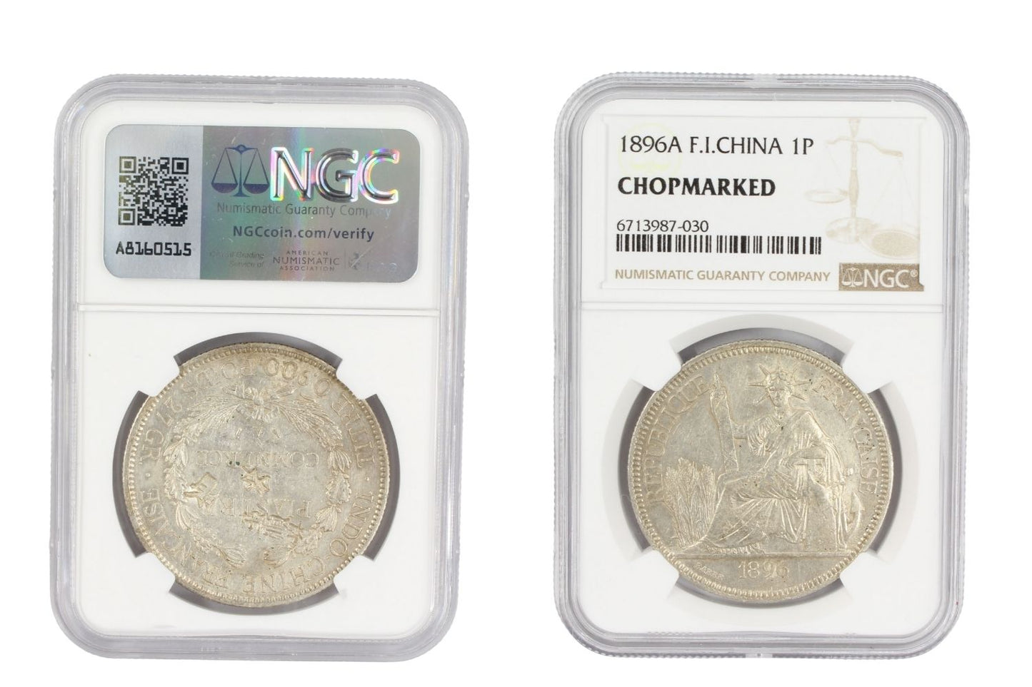 1896A French Indo China 1 Piastre Coin NGC Chopmarked