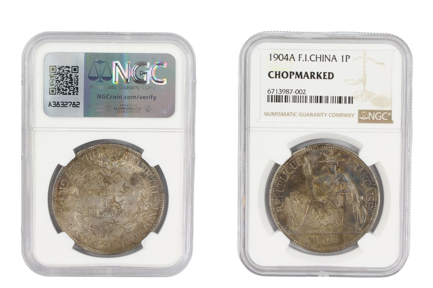 1904A French Indo China 1 Piastre Coin NGC Chopmarked