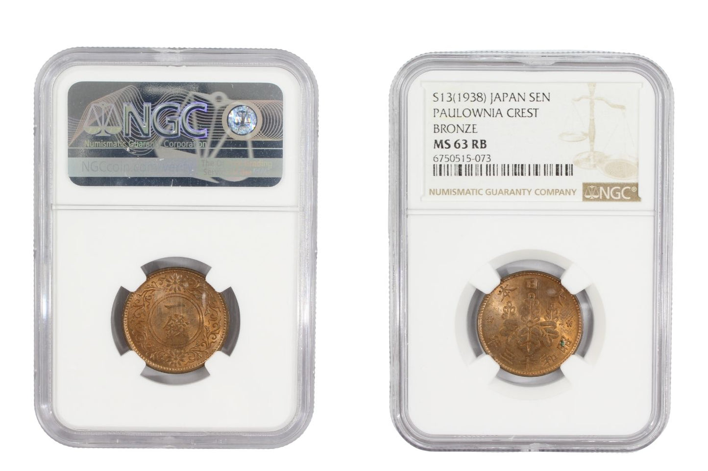 1938 Japan 1 Sen Coin NGC MS 63 RB
