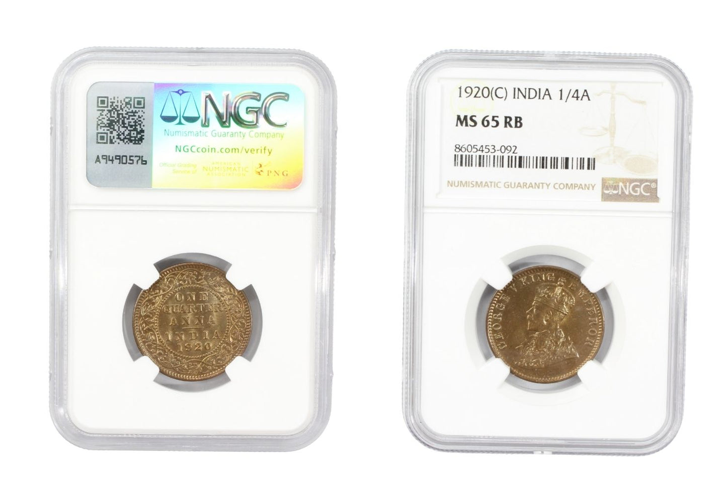 1920(C) British India 1/4 Anna Coin NGC MS 65 RB