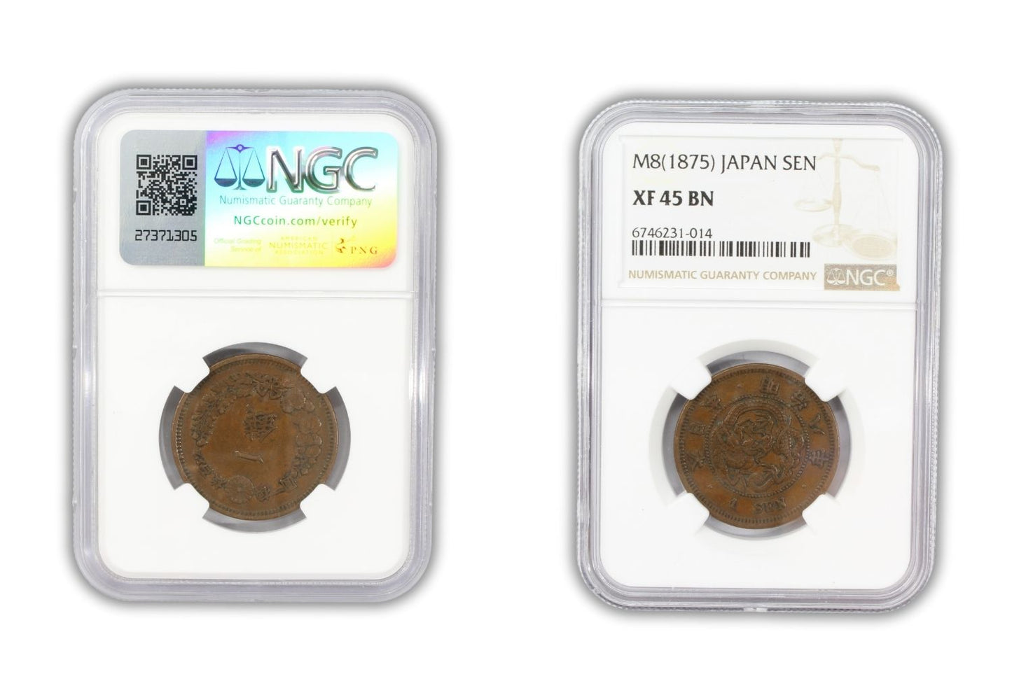 1875 Japan 1 Sen Coin NGC XF 45 BN