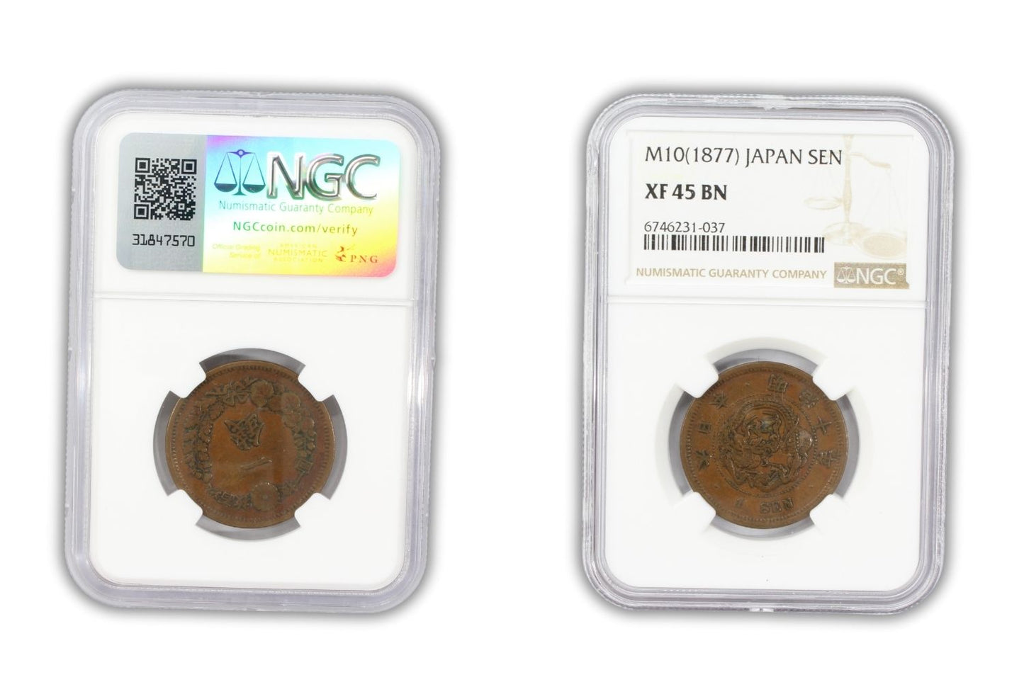 1877 Japan 1 Sen Coin NGC XF 45 BN