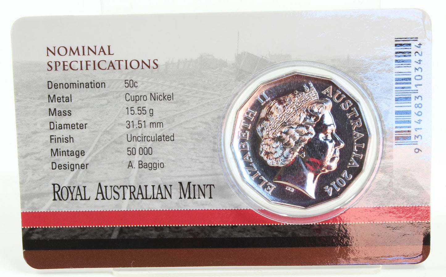 2014 Australia 50Cent The Western Front At War Coloured Printed Coin On Card