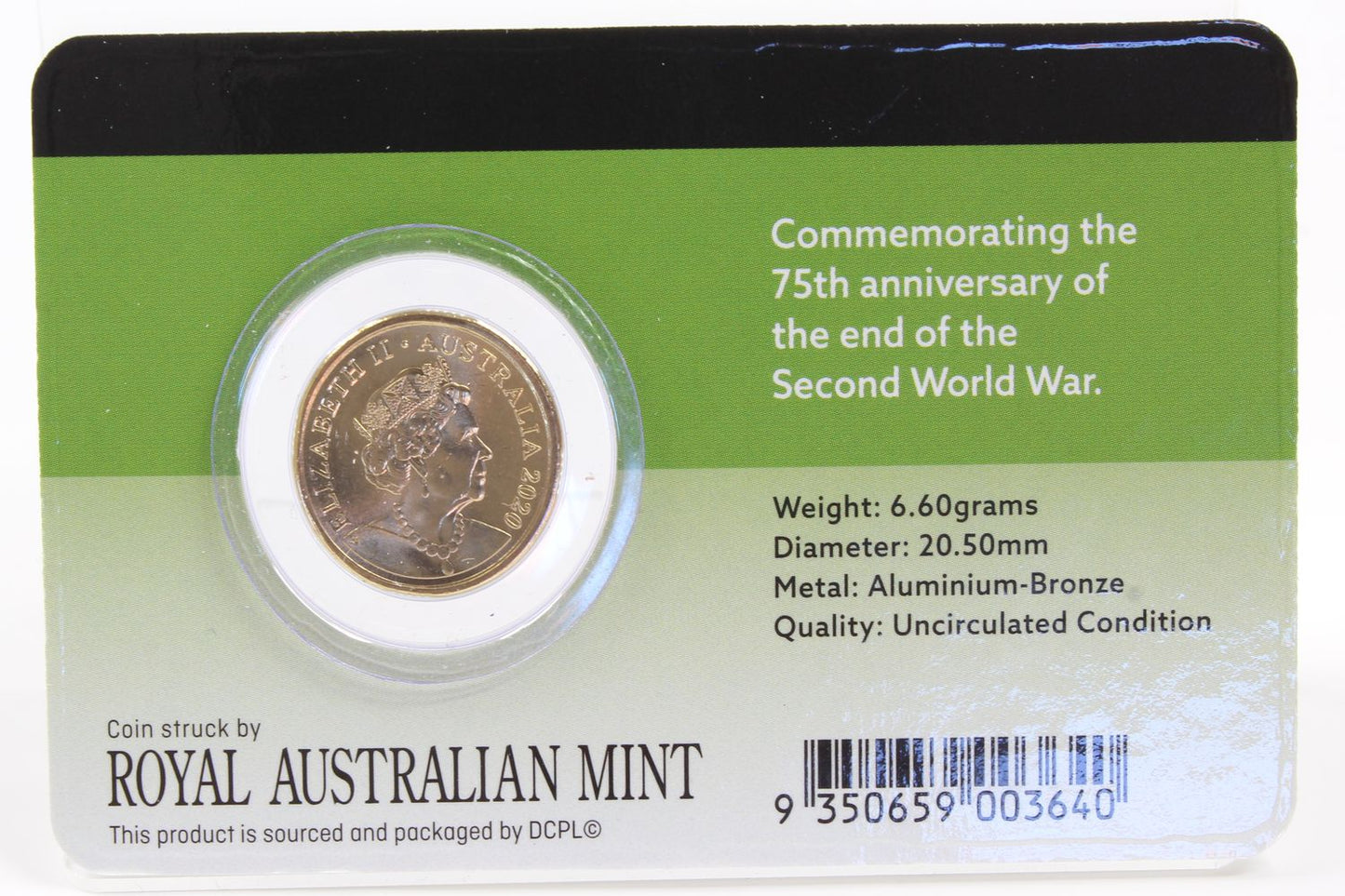 2020 Australia $2 End of Second World War 75 Years Coin On Card