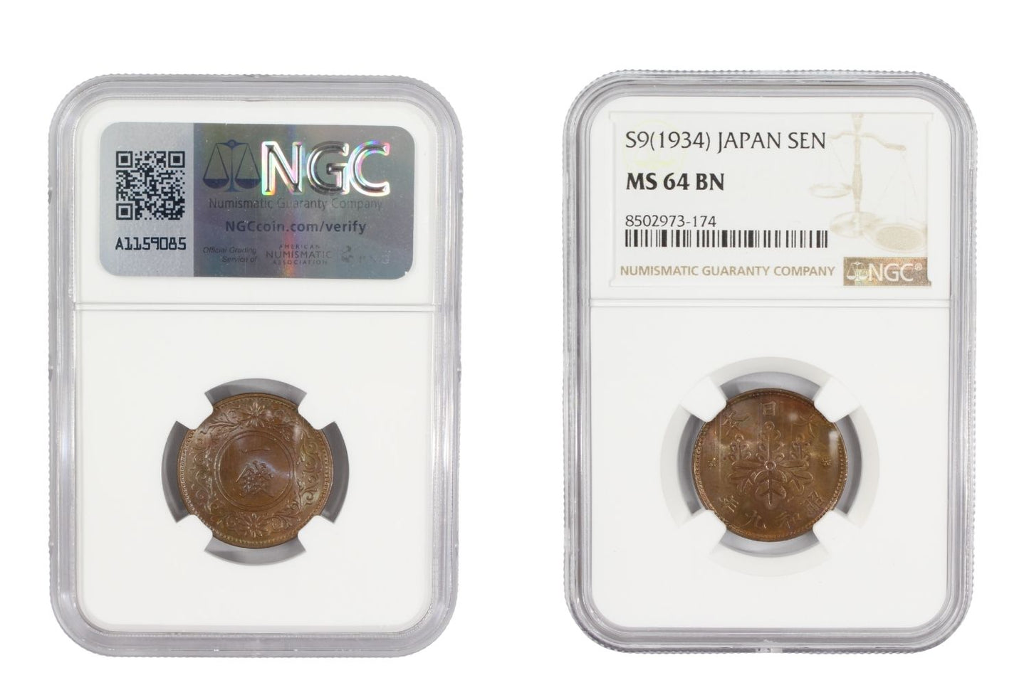 1934 Japan 1 Sen Coin NGC MS 64 BN