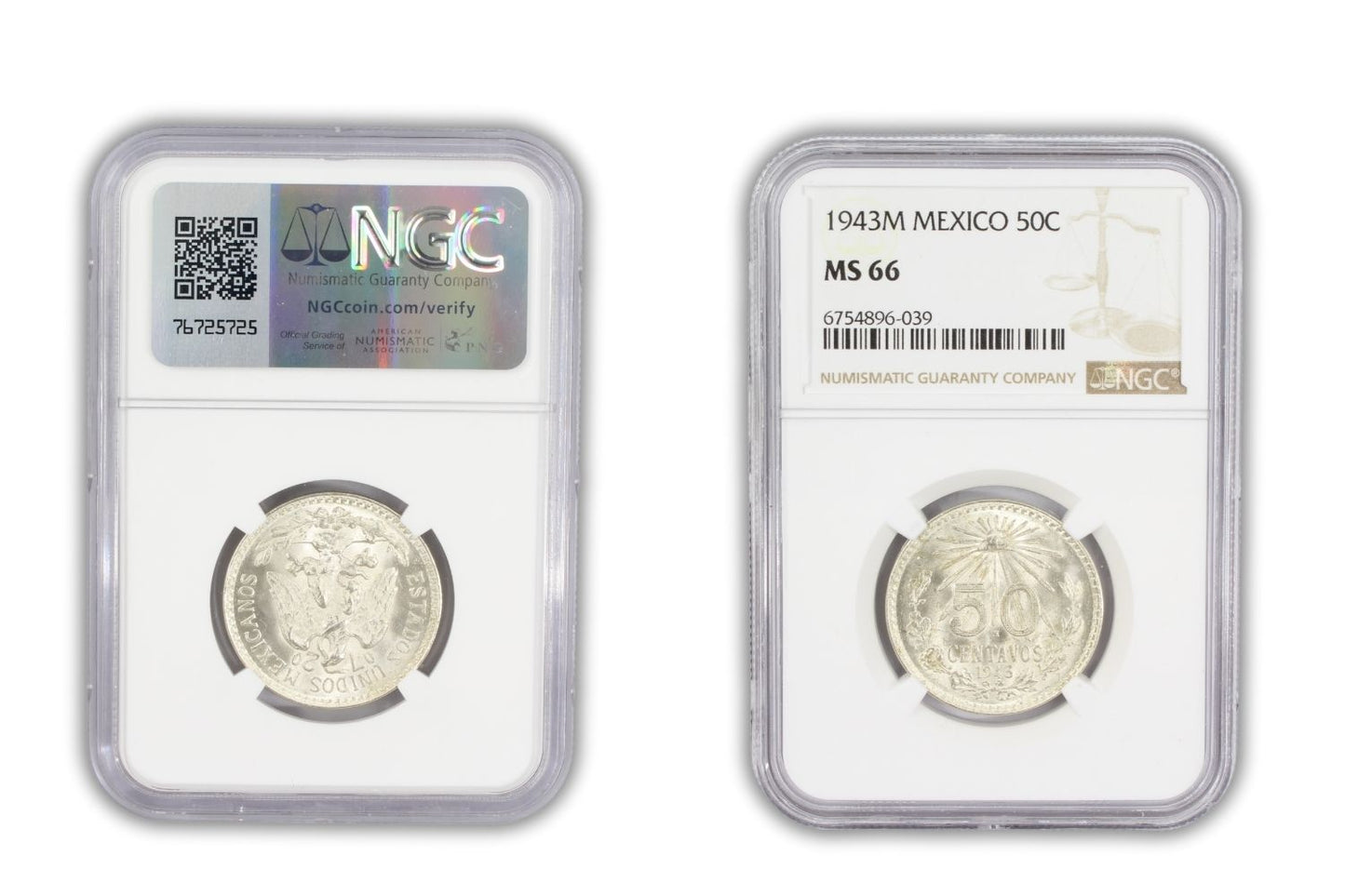1943M Mexico 50 Centavos Coin NGC MS 66