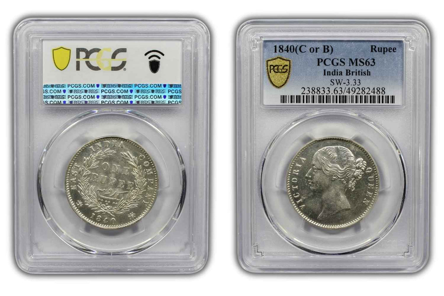 1840 India (C or B) Silver Rupee Coin PCGS MS 63