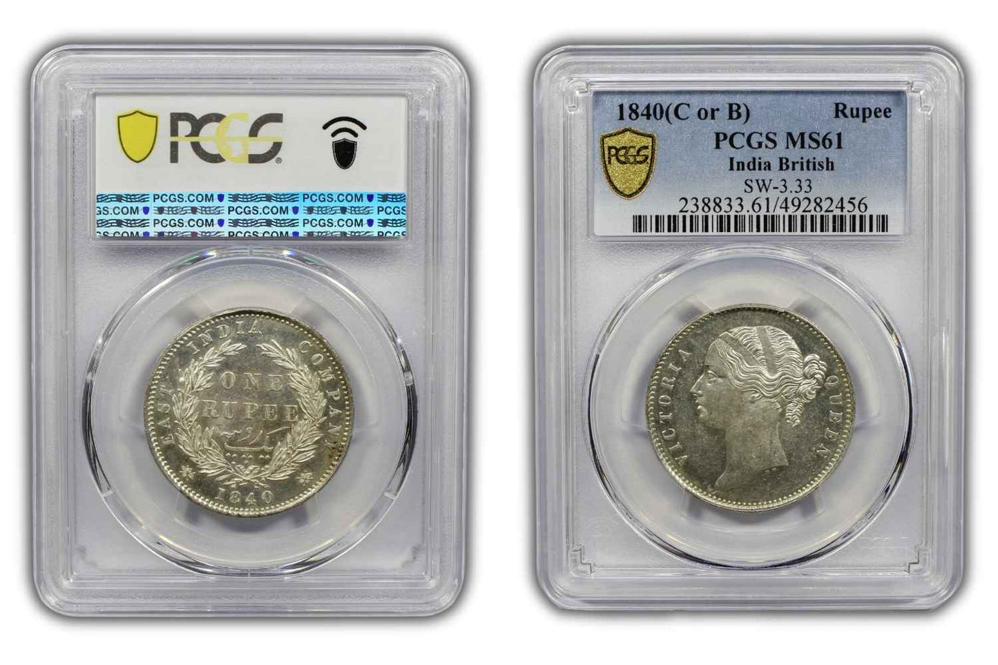 1840 India (C or B) Silver Rupee Coin PCGS MS 61