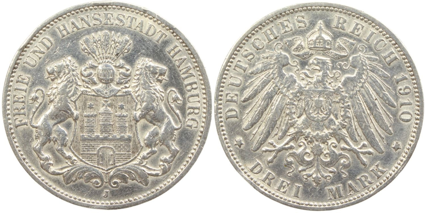 1910 German State Hamburg 3 Mark Coin Details – Cleaned